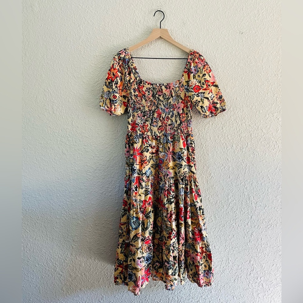 Vibrant Floral Puff Sleeve Smocked Tiered Midi Dress S/M